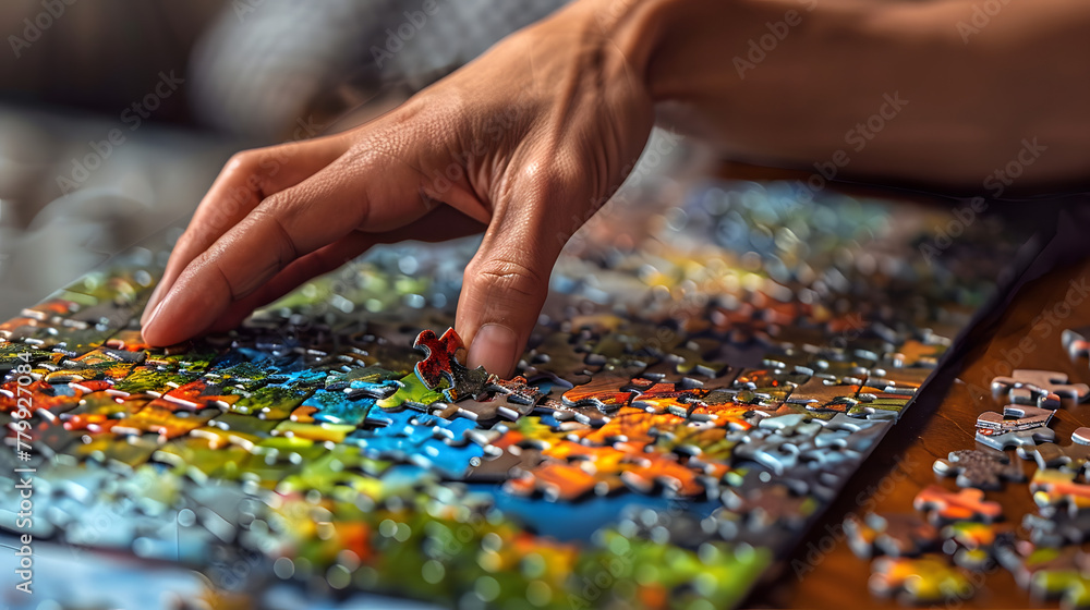 Hands of Senior Woman Doing Puzzle. Close up of Wrinkled Elderly Female Hands Putting Pieces of Yellow Jigsaw Puzzle Together. Focus on Hands. Hands of Senior Woman Doing Puzzle. Close up of Wrinkled Elderly Female Hands Putting Pieces of Yellow Jigsaw Puzzle Together. Focus on Hands.