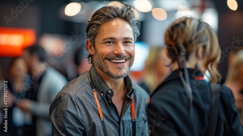 Businesspeople chat and laugh at a trade show, with one man in his thirties smiling amid colleagues, against a backdrop of product displays.