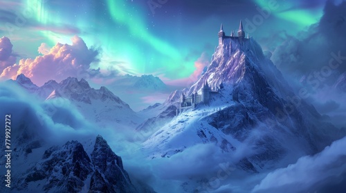 A lonely medieval castle fortress on mountain top with majestic view of snow mountain and beautiful aurora northern lights in night sky in winter.