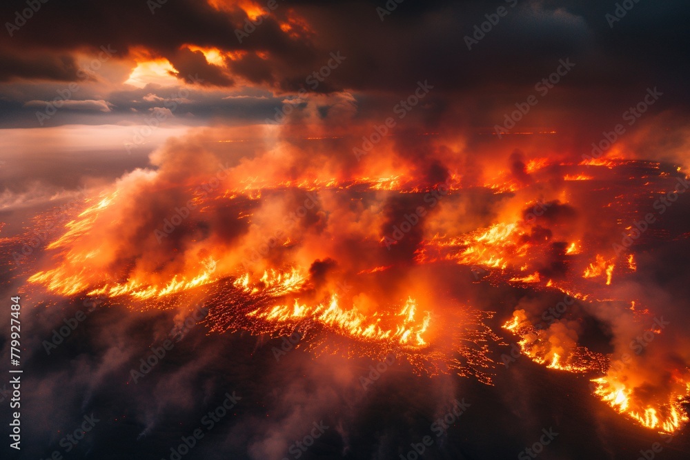 A large fire burns fiercely in the sky, sending billows of smoke upwards