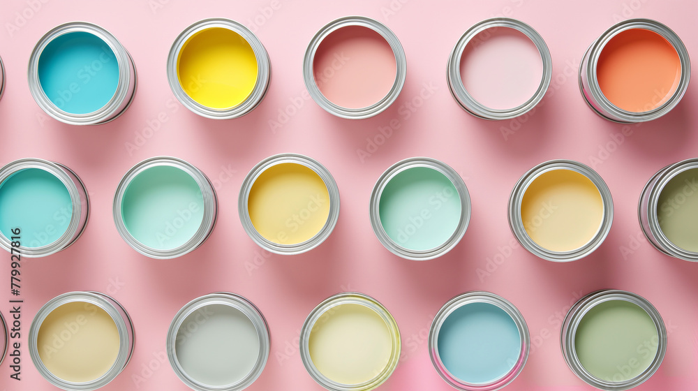 Open Paint Cans Wallpaint Pastel Colors on Pastel Pink Background - Renovation Concept Wallpaper. Top View Flat Lay with Copy Space Open Paint Cans Wallpaint Pastel Colors on Pastel Pink Background - Renovation Concept Wallpaper. Top View Flat Lay with Copy Space