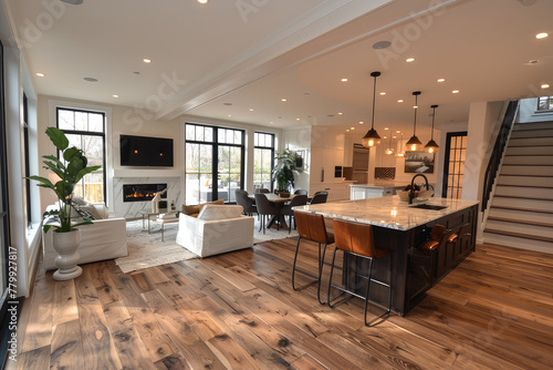 A photo of large open concept living room, dining area and kitchen with dark hardwood floors, white walls, modern lighting fixtures, stained oak flooring, white fireplace wall. Created with Ai photo