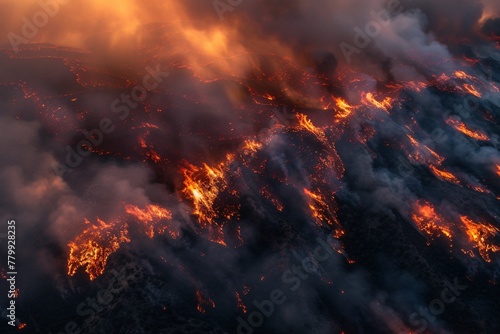An aerial perspective showing a fire blazing in a field, with smoke billowing upwards © Multiverse