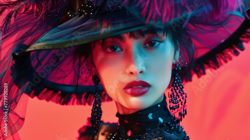 A woman wearing a black hat and black dress with red lipstick