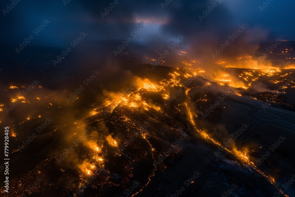 Aerial view of a bustling city at night with illuminated skyscrapers, busy streets, and moving traffic