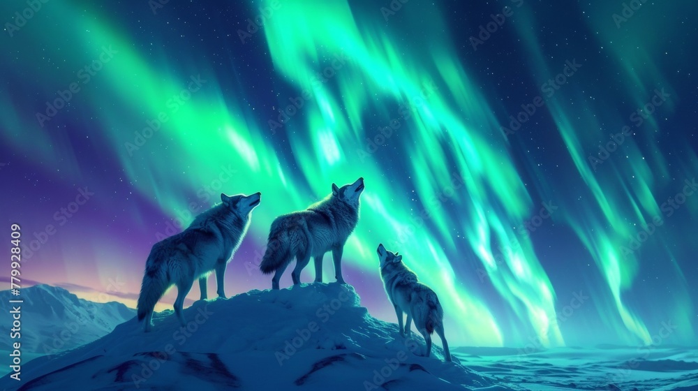 Wolves herd in wild snow field with beautiful aurora northern lights in night sky with snow forest in winter. Wolves herd in wild snow field with beautiful aurora northern lights in night sky with snow forest in winter.