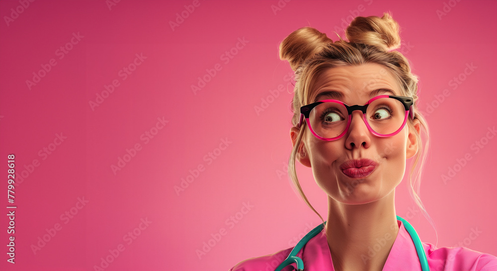 A woman with pink hair and glasses is looking at the camera. She is wearing a pink shirt and a stethoscope. A woman wearing a white lab coat is looking at the camera. doctor love in a pink background. A woman with pink hair and glasses is looking at the camera. She is wearing a pink shirt and a stethoscope. A woman wearing a white lab coat is looking at the camera. doctor love in a pink background.