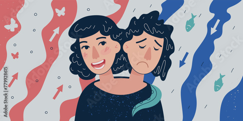 Bipolar disorder abstract horizontal banner. Visualization psychedelic human emotion mania, depression and abnormally elevated mood. Manic mental health issues. Psychiatry and psychology illness. Eps