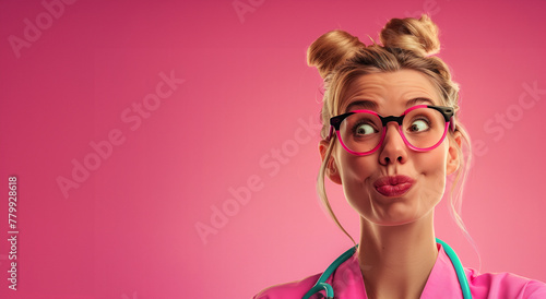 A woman with pink hair and glasses is looking at the camera. She is wearing a pink shirt and a stethoscope. A woman wearing a white lab coat is looking at the camera. doctor love in a pink background.