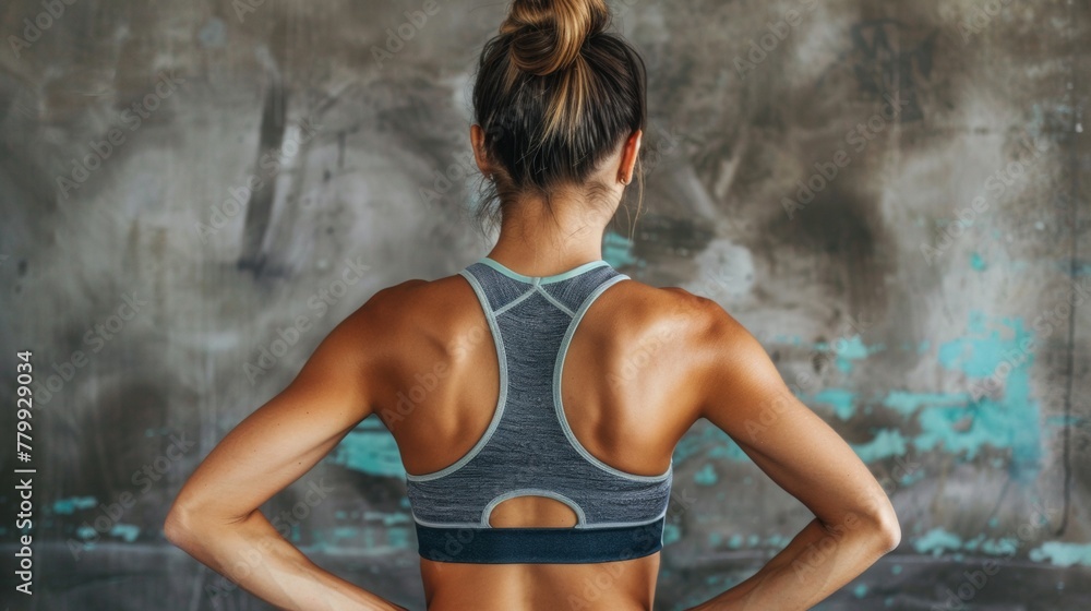 Obraz premium A woman in a sports bra top with her hands on the back of her legs, AI