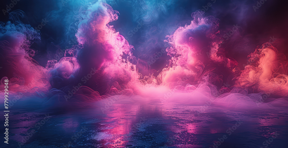 A surreal digital art piece featuring an explosion of vibrant colors and shapes, resembling clouds or smoke, against the backdrop of dark space. Created with Ai