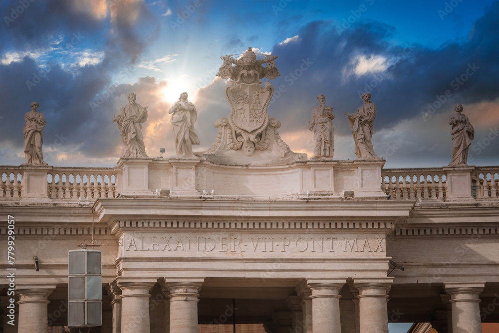 Discover the grandeur of Vatican City architecture, featuring classical building, statues, and central coat of arms with religious iconography in dramatic lighting.