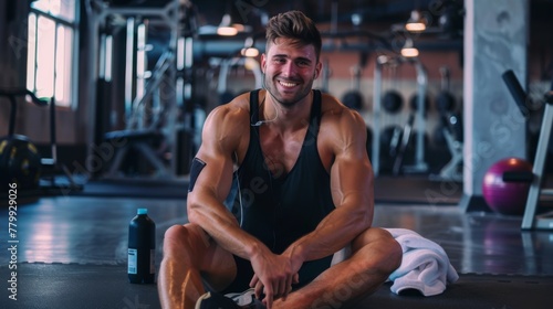 Smiling Man Resting at Gym photo