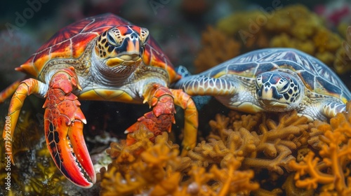 Two turtle and lobster chimeras are swimming in a coral reef with colorful fish, AI