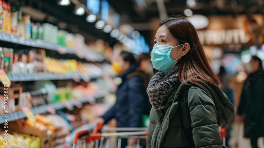 People with face mask shopping in a grocery store with fresh produce. People with face mask shopping in a grocery store with fresh produce.