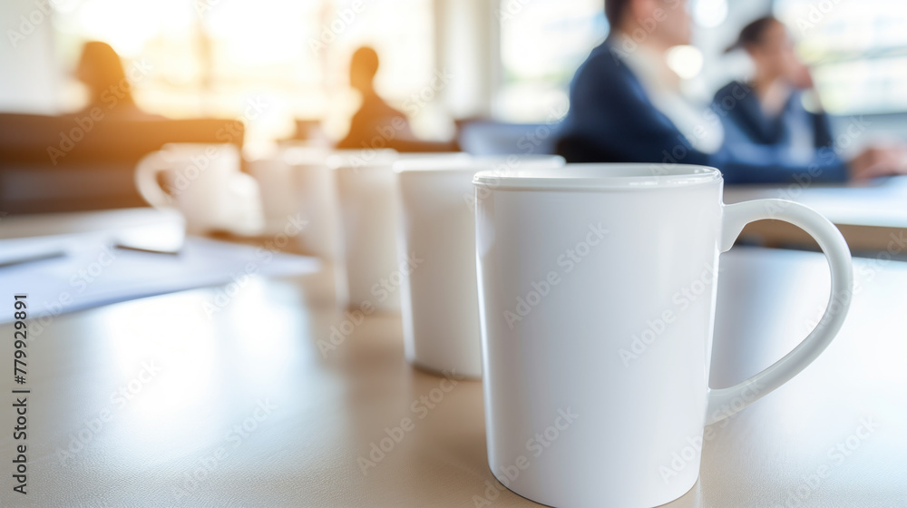 Close-up of a coffee mug on a boardroom table with a blurred business meeting in the background. Close-up of a coffee mug on a boardroom table with a blurred business meeting in the background.
