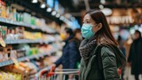 People with face mask shopping in a grocery store with fresh produce.