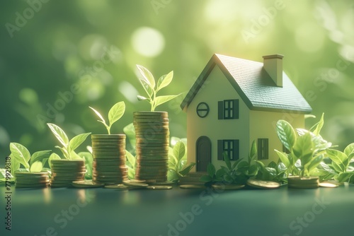 A miniature house model next to stacks of coins, representing home Streets real estate consulting service for buying and selling houses.