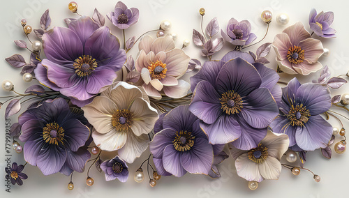 3D purple and beige flowers, pearls, and diamonds in an elegant arrangement on a white background, for wall art decoration. Created with Ai