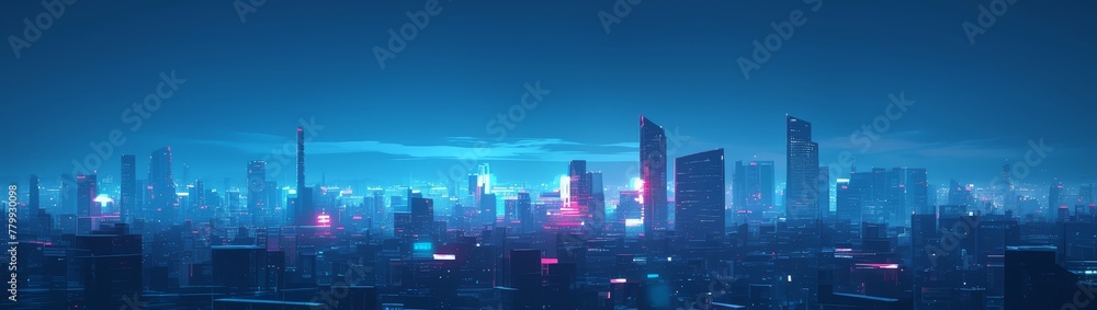 A panoramic view of the city skyline at night, illuminated by neon lights, showcasing tall skyscrapers and bustling streets.