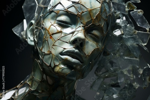 Intense woman cracked glass. Broken texture. Generate Ai