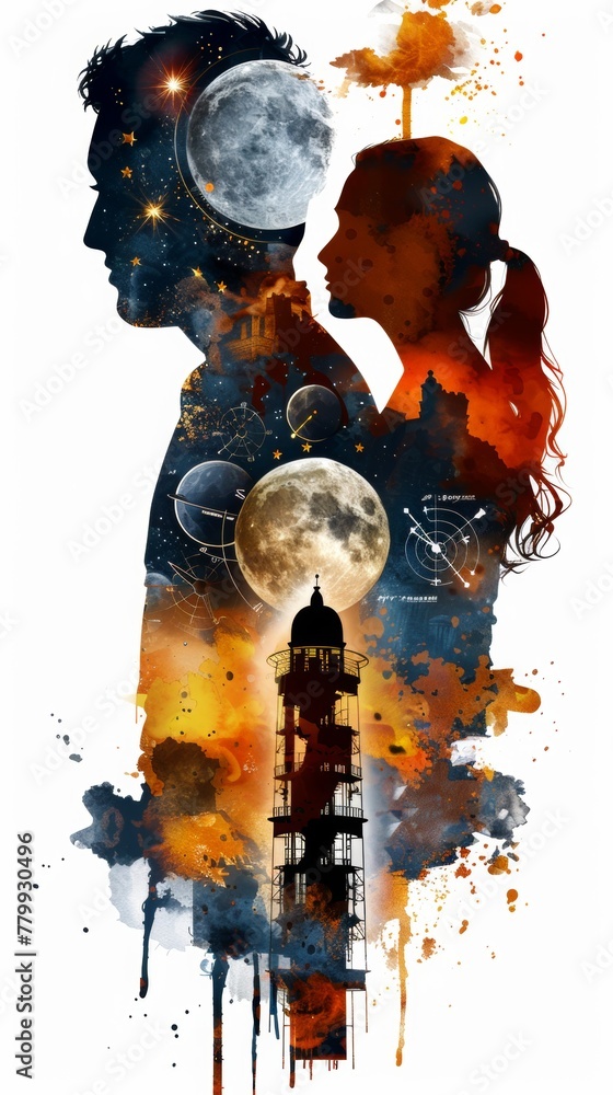 A man and a woman standing next to each other. Couple silhouette, astrology and signs, book cover design on white background.
