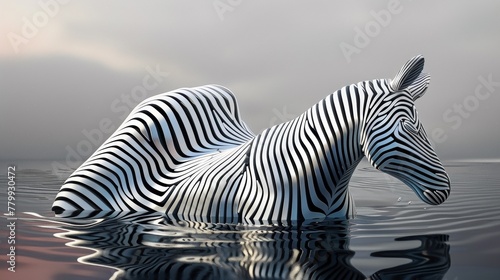 A zebra shaped animal in the water with a cloudy sky  AI