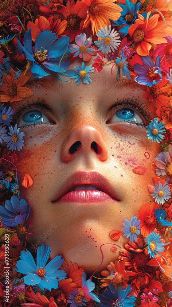 A close up of a girl surrounded by flowers and leaves, AI A close up of a girl surrounded by flowers and leaves, AI