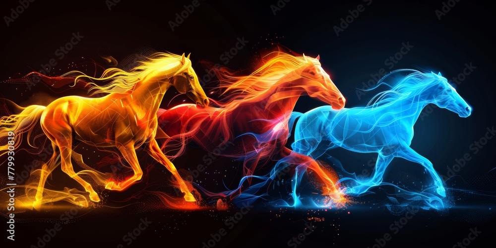 A group of horses running through a field of fire. A group of horses running through a field of fire.