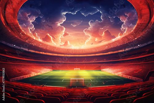 generated illustration of lawn in the soccer stadium. Football stadium with lights. © seanzheng