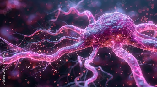 A close up of a neuron cell with pink and purple lights, AI