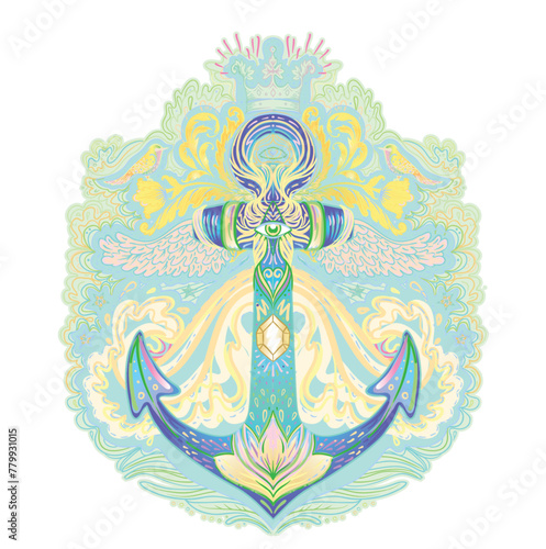 Hand drawn vintage label with an anchor and other decorative elements. Isolat...