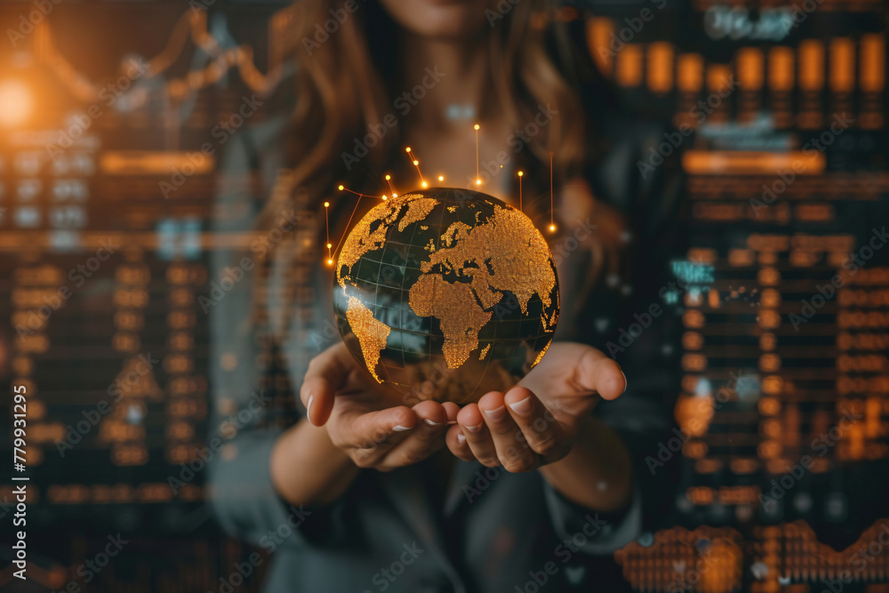 Fototapeta premium Close-up of a businesswoman's hands holding a glowing globe, symbolizing global business strategies and sustainability, with charts and graphs projected in the background.