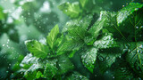 Dew on Fresh Green Mint Leaves, Close-Up of Water Droplets, Concept of Freshness and Natural Environment, Macro View