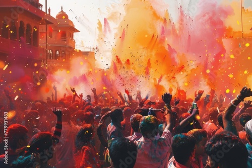 Joyful Crowd Celebrating Holi Festival of Colors in India, Throwing Vibrant Powder, Cultural Illustration