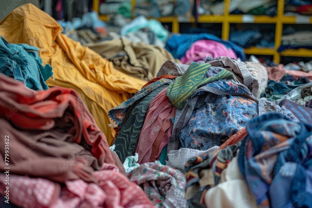 Large pile of textile fabric clothes, recycling and sustainability concept, environmental photo - obrazy, fototapety, plakaty 