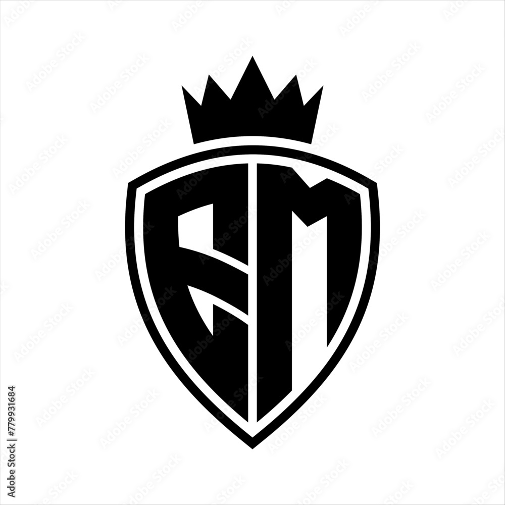 EM Letter monogram shield and crown outline shape with black and white color design EM Letter monogram shield and crown outline shape with black and white color design