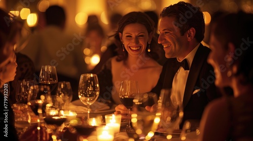 Warm candlelight casting soft, inviting shadows on a gathering of impeccably dressed business executives, their faces illuminated with laughter and camaraderie 