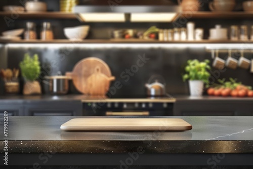 Luxurious kitchen countertop, elegant product display space, blurred culinary background, food presentation illustration