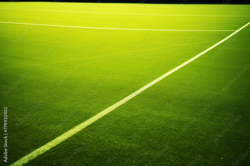 generated illustration of grass turf soccer football field background with white line boundary.