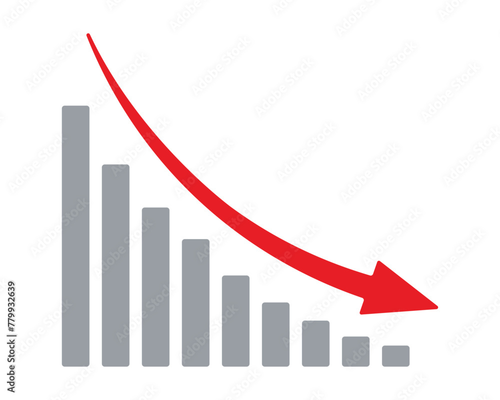 Red arrow going down stock icon on white background. Decrease, Bankruptcy, financial market crash icon for your web site design, logo, app, UI. graph chart downtrend symbol.chart going down sign. Red arrow going down stock icon on white background. Decrease, Bankruptcy, financial market crash icon for your web site design, logo, app, UI. graph chart downtrend symbol.chart going down sign.