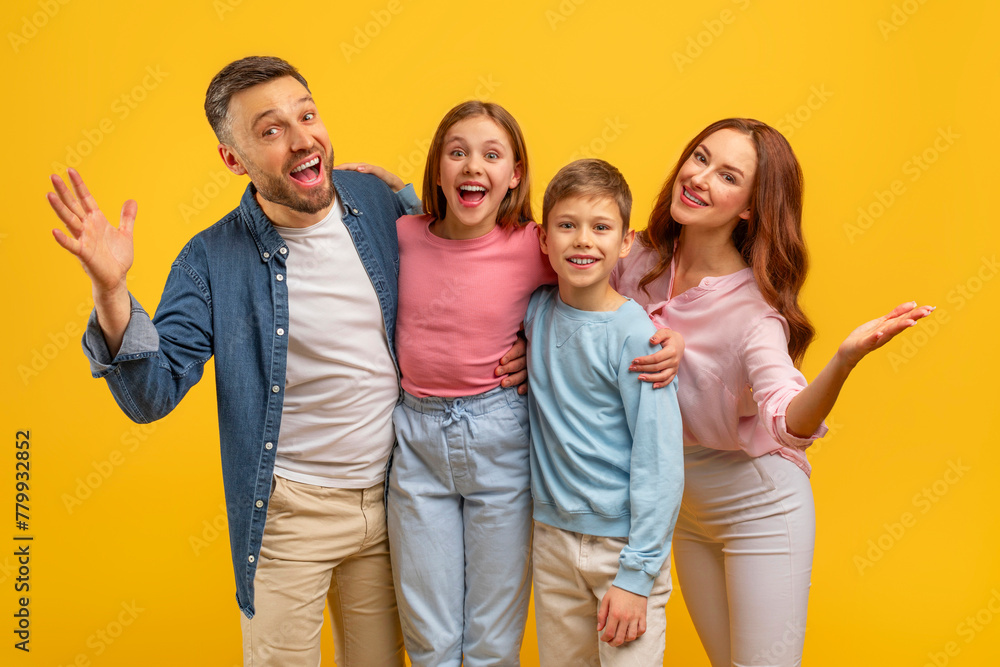 Family with exaggerated reactions on yellow background Family with exaggerated reactions on yellow background