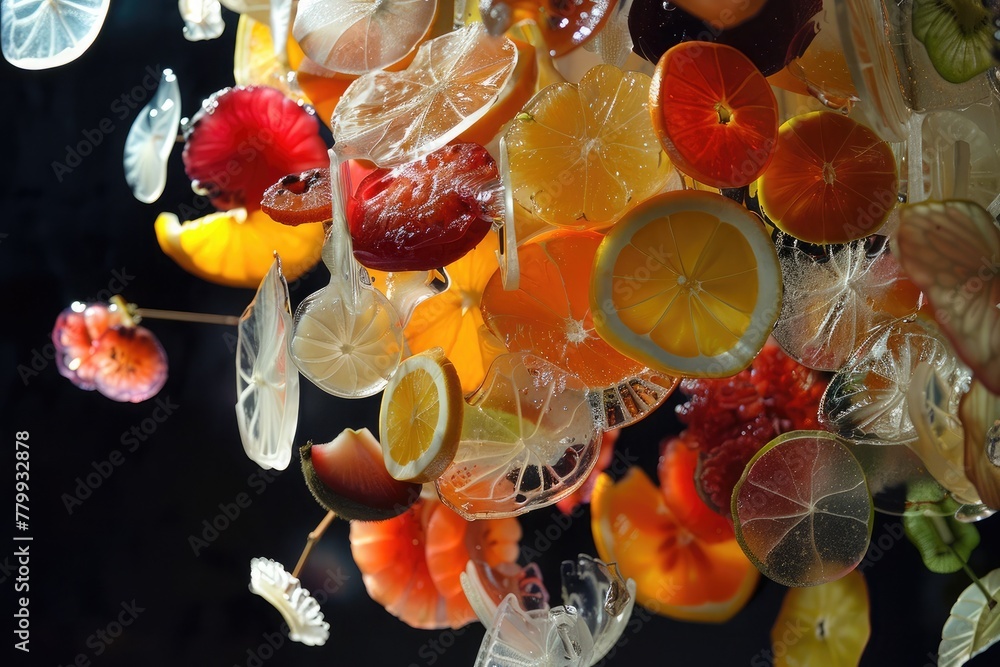 Translucent slices of fruits suspended in space, creating an ethereal culinary display.