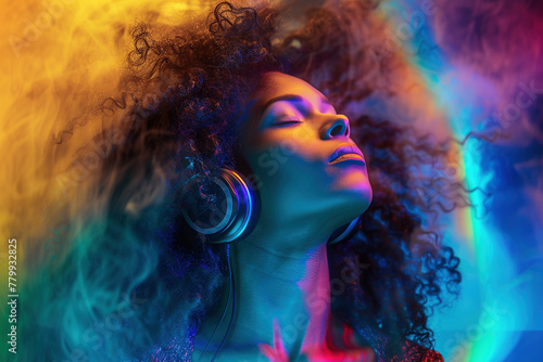 African American Woman Enjoying Music with Colorful Lights