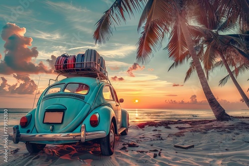 Luxury car with luggage on tropical beach at sunset, vintage travel postcard concept