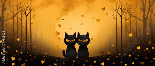 thankful black cats with heart hands emoji on a golden forest