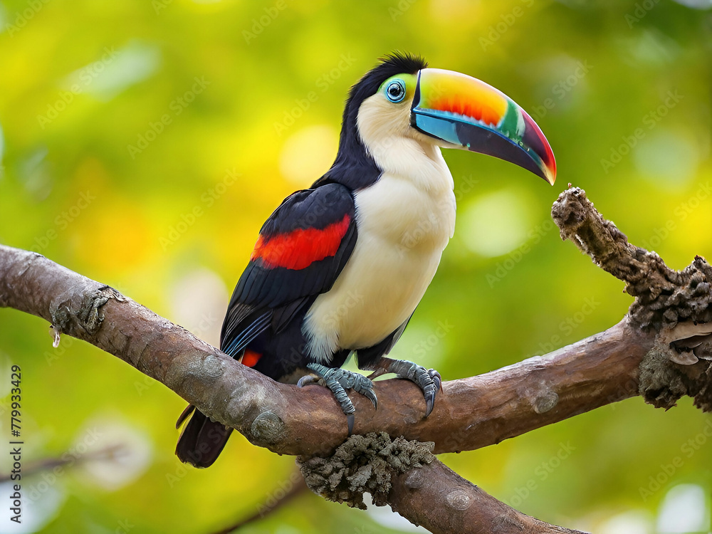 Multi colored toucan perched on branch Generated by AI. Multi colored toucan perched on branch Generated by AI.
