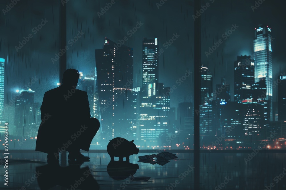 Fototapeta premium A solitary figure silhouetted against a nocturnal cityscape, pondering financial strategies alongside a symbolic piggybank.