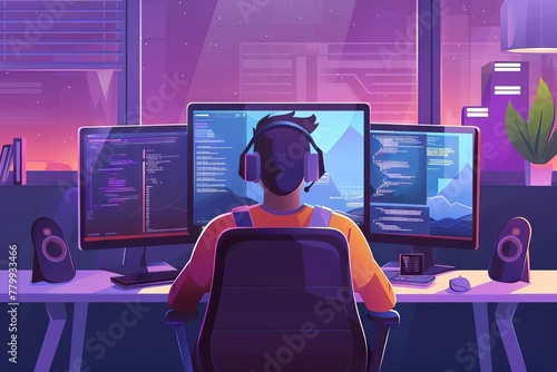 Male programmer coding on dual monitor setup in modern office, digital illustration photo