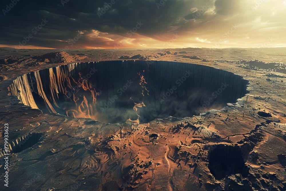 Massive impact crater on vast alien landscape, science fiction illustration - obrazy, fototapety, plakaty 